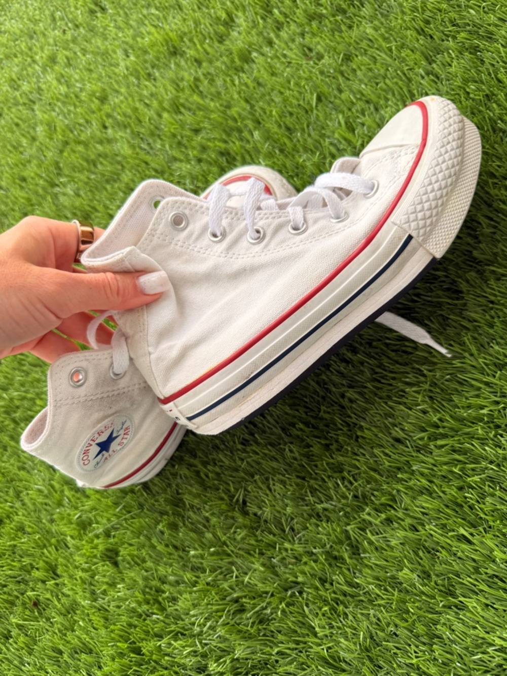 Converse White High-Top Sneakers with Red & Navy Stripes